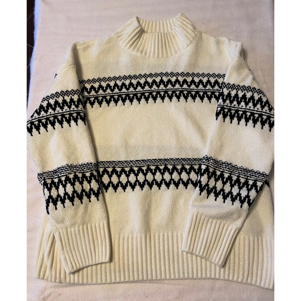 Christian Siriano New York Mock Neck‎ Fair Isle Sweater Cream Black Size M
